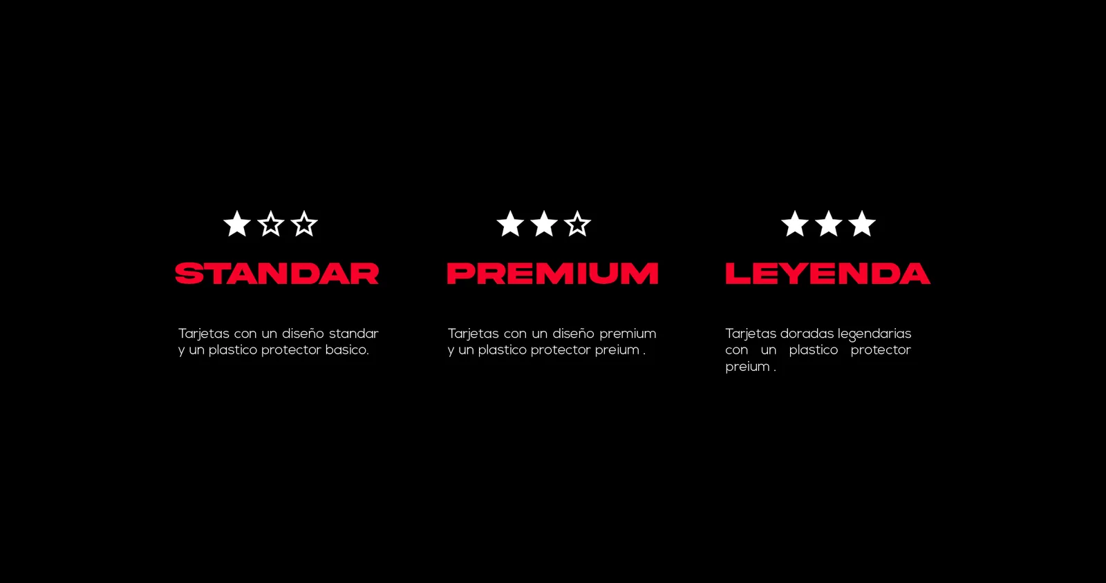 Cartas Coleccionables — tiers Standar, Premium y Leyenda