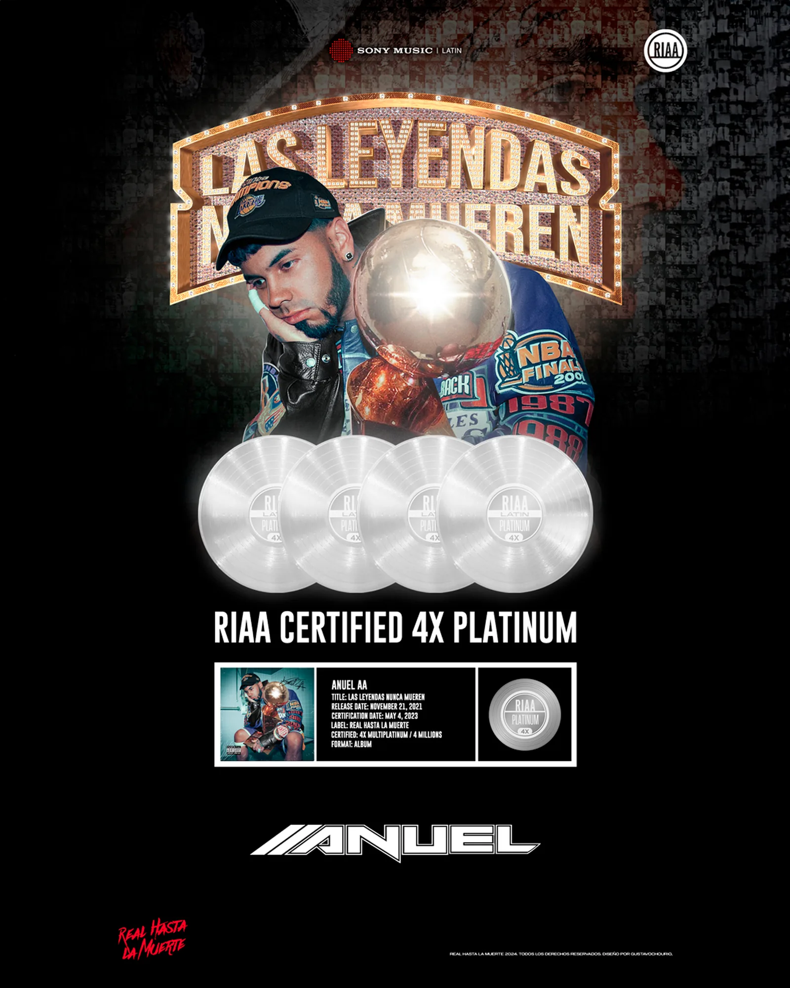 Disco Multiplatino — placa RIAA 4X Platino de Las Leyendas Nunca Mueren