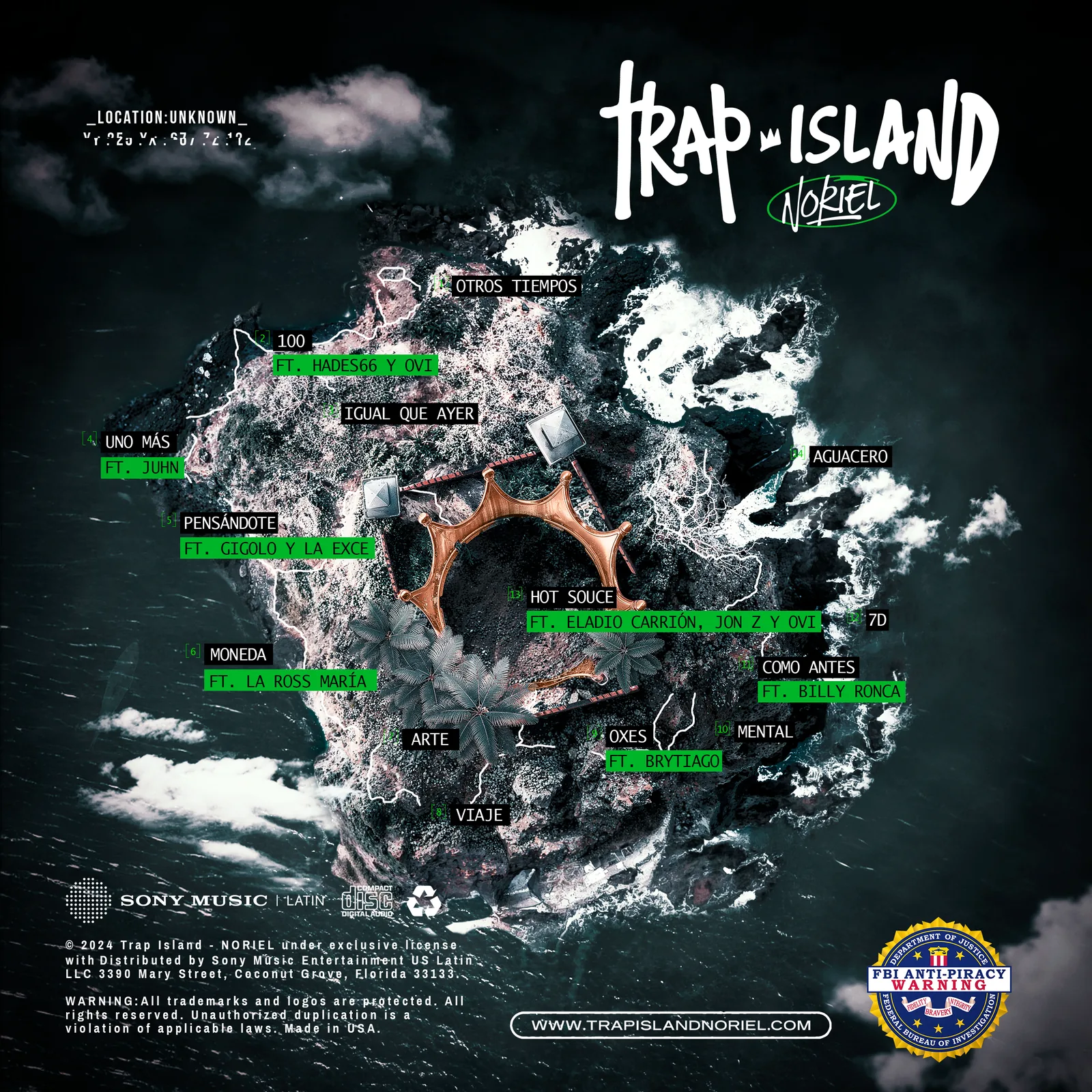 Trap Island — contraportada con el tracklist sobre la isla