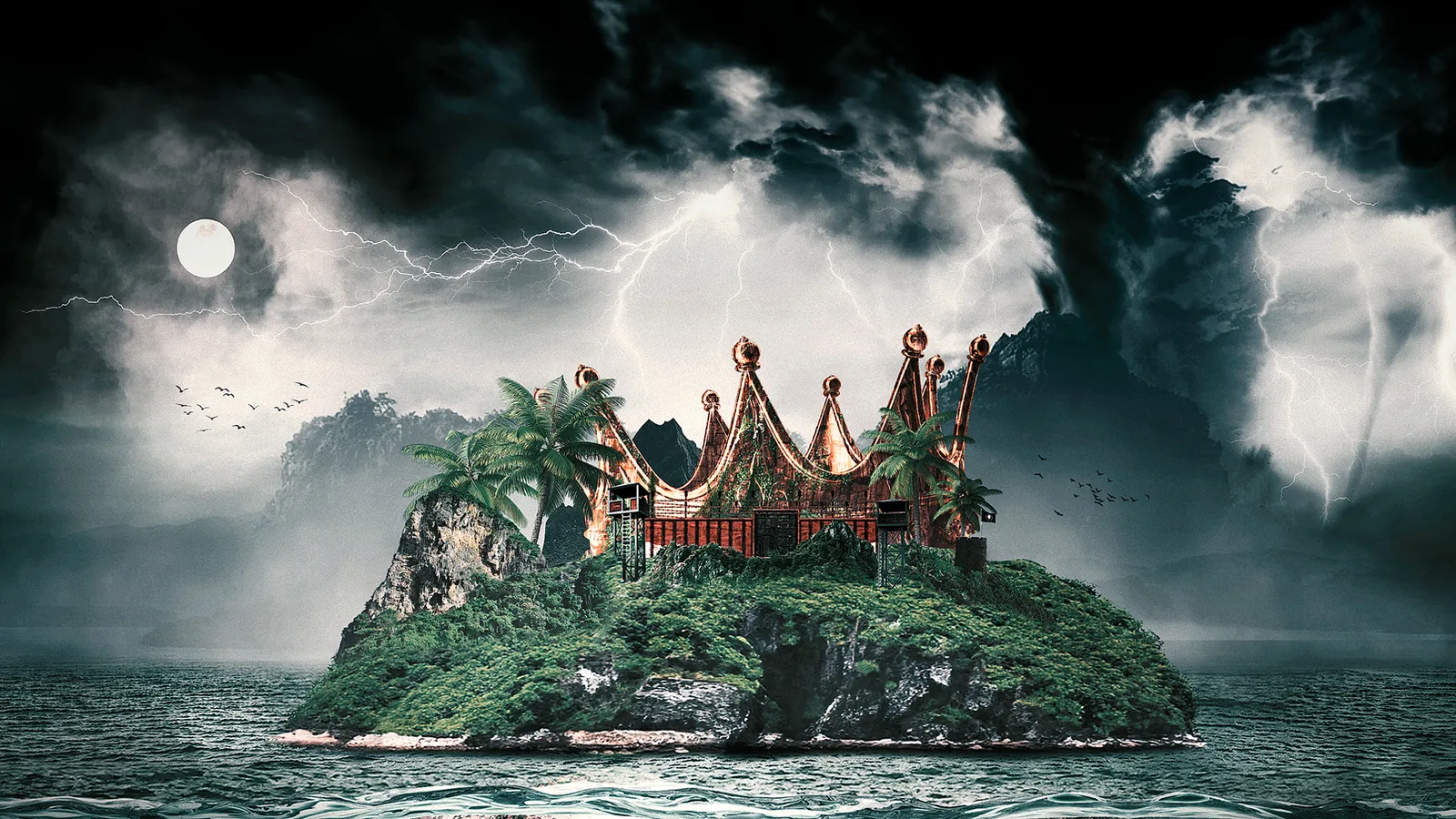 Trap Island — key visual panorámico de la isla en la tormenta