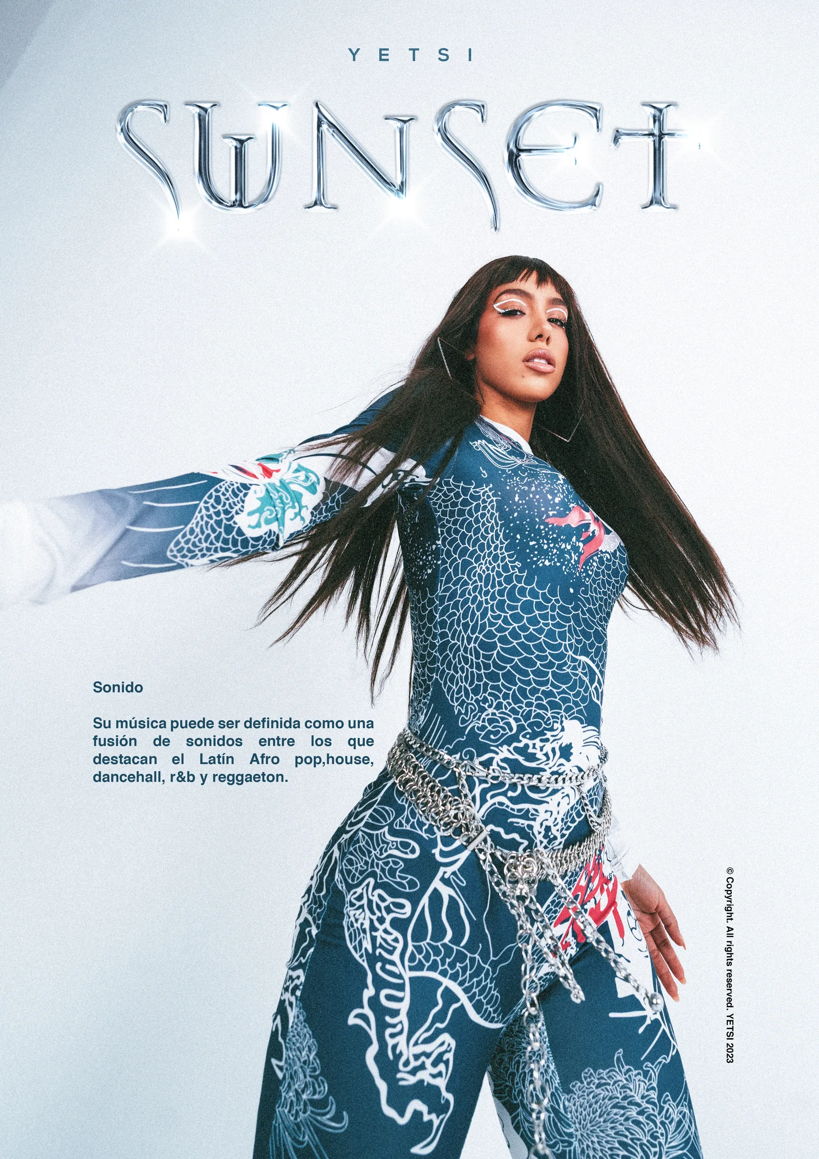 Yetsi — póster de campaña Sunset con dirección de arte cromada
